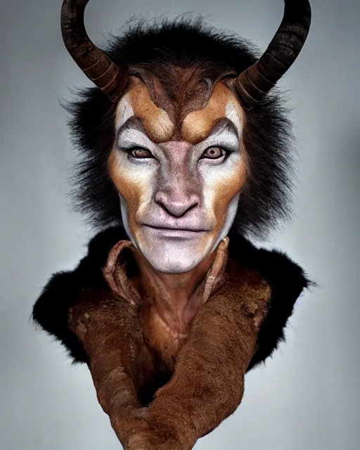 Image similar to actor Conan O’Brien in Elaborate Pan Satyr Goat Man Makeup and prosthetics designed by Rick Baker, Hyperreal, photos in the style of Annie Leibovitz