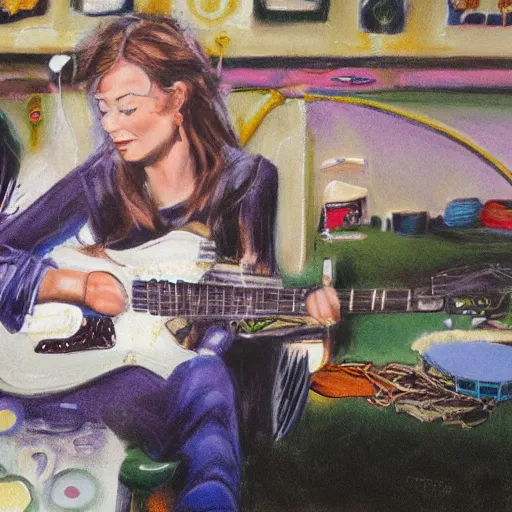 Image similar to women playing guitar, televisions, hd, photoreal cinema still, pastel in the style of bruce weber