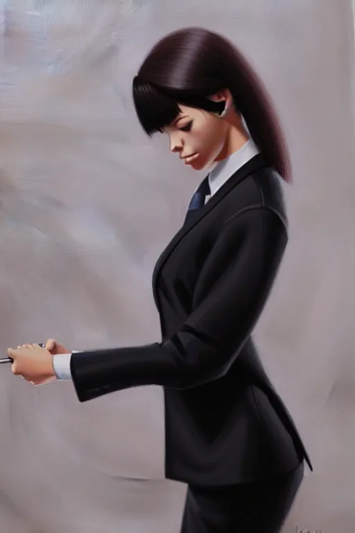 Image similar to a ultradetailed beautiful panting of a stylish woman wearing a black loose fit suit with a tie, oil painting, by ilya kuvshinov, greg rutkowski and makoto shinkai, trending on artstation