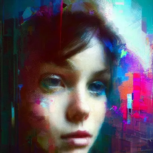 Prompt: portrait of a beautiful girl, style of jeremy mann, style of james jean, oil painting, palette knife painting, glitch art, art station trends, pixel sorting, ethereal, sexy
