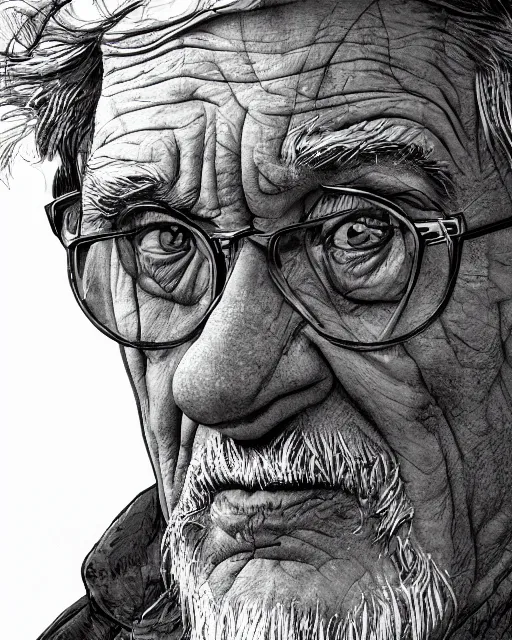 Image similar to closeup portrait of a dirty tired old man man standing on a bridge, detailed illustration, digital art, trending on artstation, martin ansin, b & w,