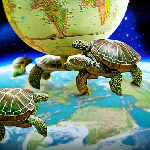 Image similar to a stack of turtles in space beneath a globe of the earth, earth globe on top