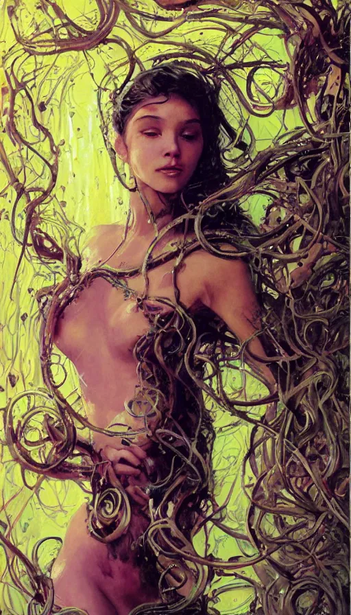 Image similar to very detailed portrait of a 2 0 years old girl surrounded by tentacles, the youg woman visage is blooming from fractal and vines, by john berkey