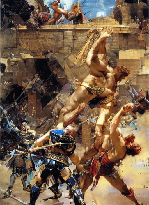 Image similar to huge warrior jocko willink vs godlike achilles at the walls of troy, dynamic action science fiction, by john berkey and lawrence alma tadema and rick berry and norman rockwel