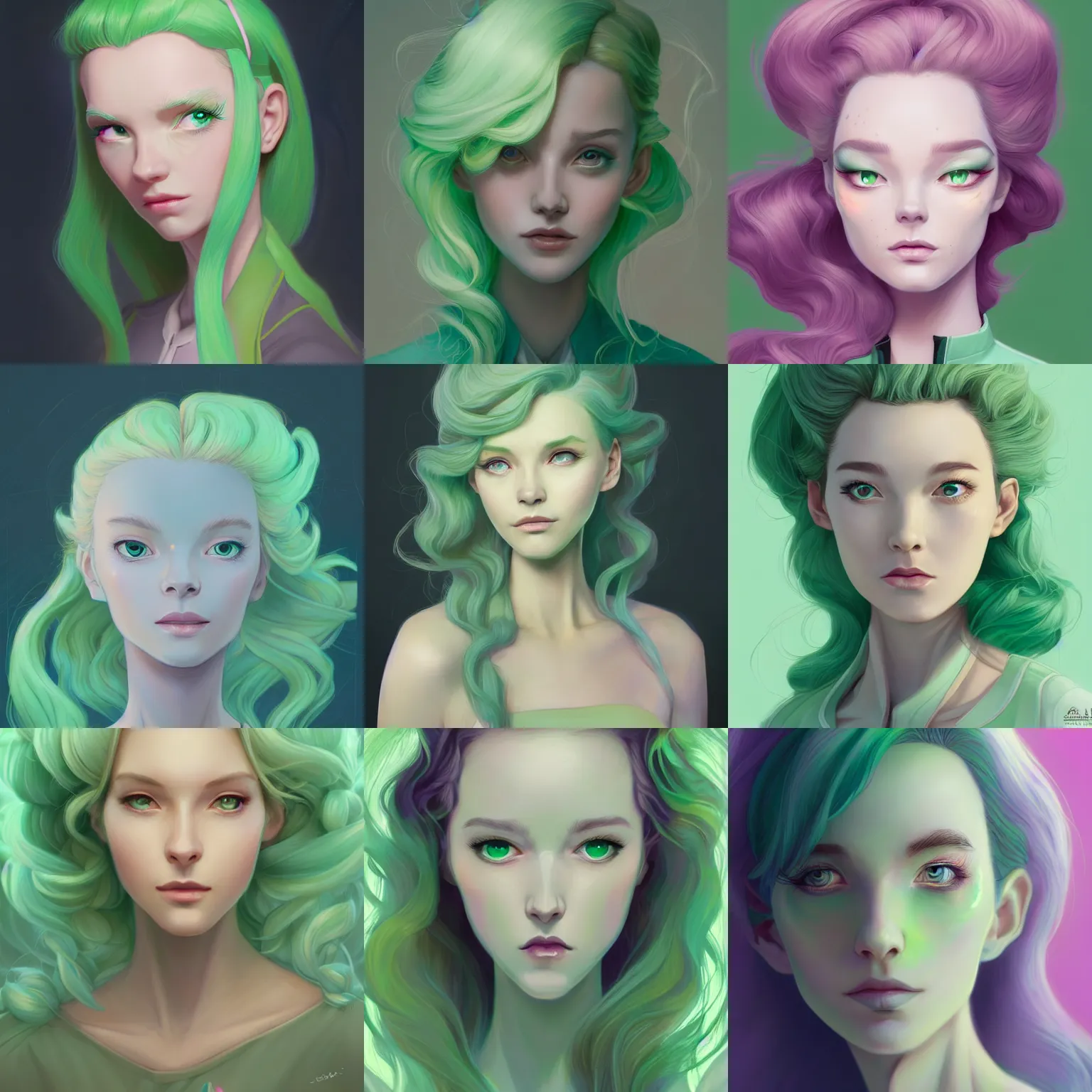 Prompt: a portrait of clea gaultier, pastel green, art by lois van baarle and loish and ross tran and rossdraws and sam yang and samdoesarts and artgerm and saruei and disney and wlop, digital art, highly detailed, intricate, sharp focus, trending on artstation hq, deviantart, unreal engine 5, 4 k uhd image