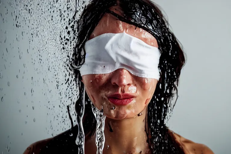 Image similar to woman with blindfold and wet face and hair