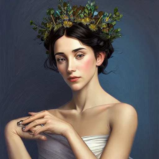 Image similar to Portrait of young woman wearing a floral crown, olive skin, beautiful bone structure, dark blue background , intricate, elegant, highly detailed, digital painting, artstation, concept art, smooth, sharp focus, illustration, art by artgerm and greg rutkowski and alphonse mucha