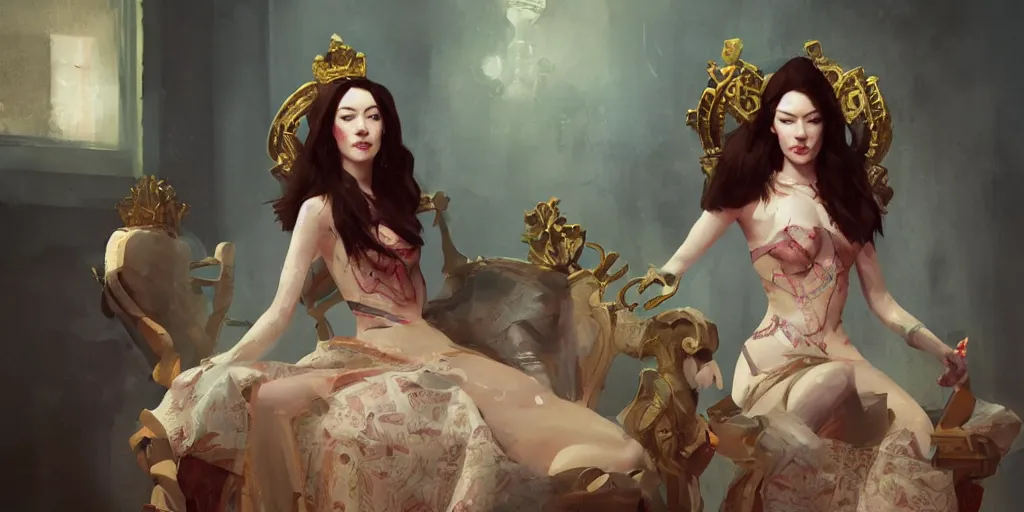 Prompt: Portrait of Stoya as a queen on her throne, by Sergey Kolesov, trending on Artstation, 8k, masterpiece, graffiti paint, dishonored, fine detail, full of color, intricate detail