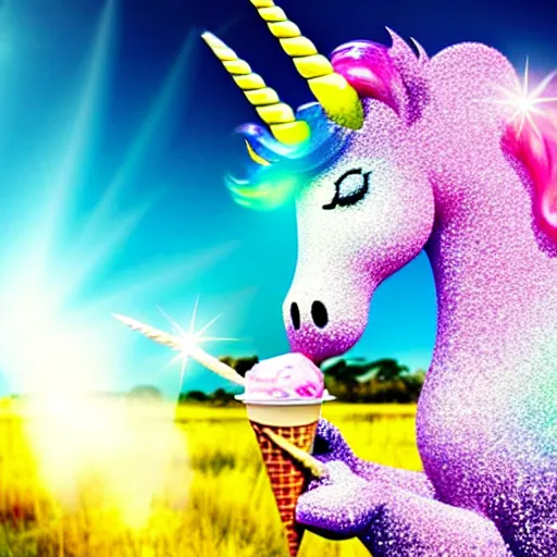 Image similar to an ultra high definition pastel coloured wildlife photograph of a magic unicorn with a glittery magic horn eating an ice cream in a magical field. refraction, volumetric lighting iridescence.