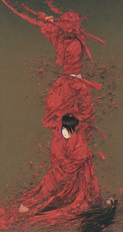 Image similar to Japanese schoolgirl runs away from Samurai with a katana on the subway, high detailed Beksinski painting, part by Adrian Ghenie and Gerhard Richter. art by Takato Yamamoto. masterpiece, deep colours, red