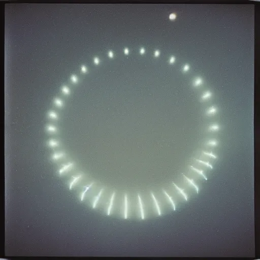 Image similar to a ring of lights flying through the sky, ufo!!, blurry photo, old polaroid, expired film, historical photo,