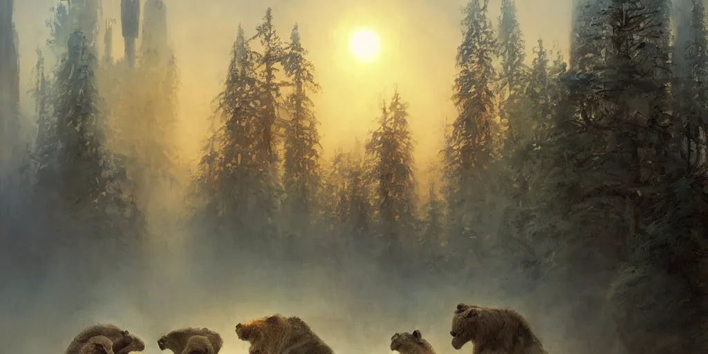 Image similar to bruins of magical ancient Slavic city of Kitezh in mist, magical glow, magic mist, strange buildings, oil painting, painting by Viktor Vasnetsov, concept art, fantasy cityscape, ancient Russian architecture, painting by Ivan Shishkin, hyperborea, high resolution, huge factories, trending on artstation, hyperrealism