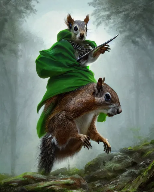 Prompt: oil painting of Anthropomorphized Squirrel warrior riding Badger, wearing green cloak, wearing war paint, sharp focus, fantasy style, octane render, volumetric lighting, 8k high definition, by greg rutkowski, highly detailed, trending on art Station, magic the gathering artwork, magical forest backround, centered