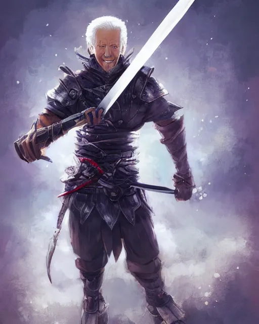 Image similar to A full-body anime portrait of Joe Biden with crazy hair holding a huge sword from Skyrim, by Stanley Artgerm Lau, WLOP, Rossdraws, James Jean, Andrei Riabovitchevy, Marc Simonetti, and Sakimichan, trending on artstation