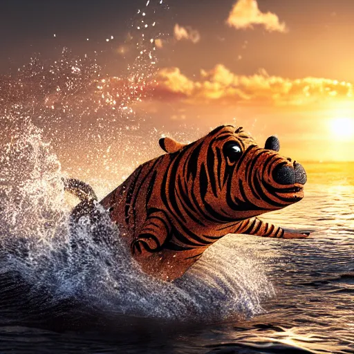 Image similar to a closeup photorealistic photograph of a cute smiling knitted tiger hippopotamus chasing a beachball at sunset. surf in the background. professional capture. this 4 k hd image is trending on artstation, featured on behance, well - rendered, extra crisp, features intricate detail, epic composition and the style of unreal engine.