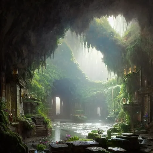 Prompt: bathhouse hidden in a cave, natural light, lush plants and flowers, elegant, intricate, fantasy, atmospheric lighting, by Greg rutkowski