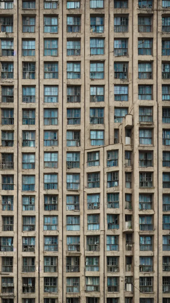 Prompt: photo in style of wes anderson. brutalist soviet building. ultrarealistic. giant buildings have deep tall balconies with many people. thin random columns, large windows, deep overhangs. 8 k, volumetric lighting.