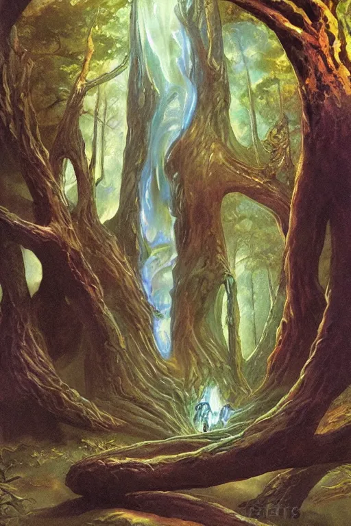 Prompt: a glowing portal to the underworld in a big old tree, concept art by boris vallejo