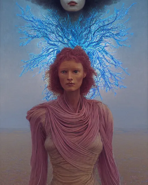 Image similar to A portrait of a woman wearing clothes made out of dying flowers, nuclear explosion in the background, Masterpiece, cyan skin, glowing, wires everywhere, by Edgar Maxence and Ross Tran, Zdzisław Beksiński, and Michael Whelan, distant, gustav dore, H.R. Giger, 8k, octane render