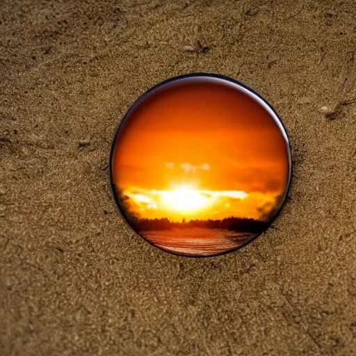 Prompt: a forest with a sunset in a bottle, on the sand, realistic photo, professional photo, lighting, well detailed, 8k n- 3