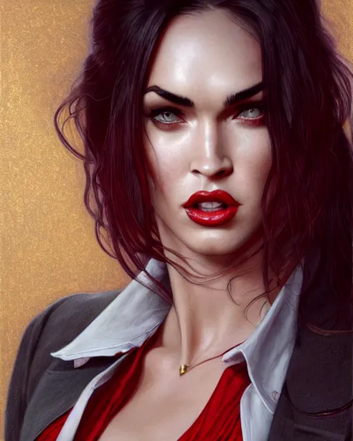 Prompt: megan fox vampire, perfect face, gold waistcoat, red shirt, long grey hair, red necktie, cinematic, stunning, highly detailed, digital painting, artstation, smooth, hard focus, illustration, art by artgerm and greg rutkowski and alphonse mucha