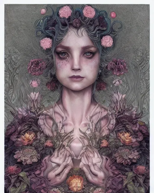 Image similar to centered beautiful detailed front view portrait of a woman with ornate growing around, ornamentation, flowers, elegant, beautifully soft lit, by wayne barlowe, peter mohrbacher, kelly mckernan,