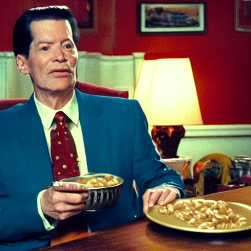 Prompt: a film still of bob from twin peaks eating cereal in the red room, cinematic lighting, high resolution, 4 k
