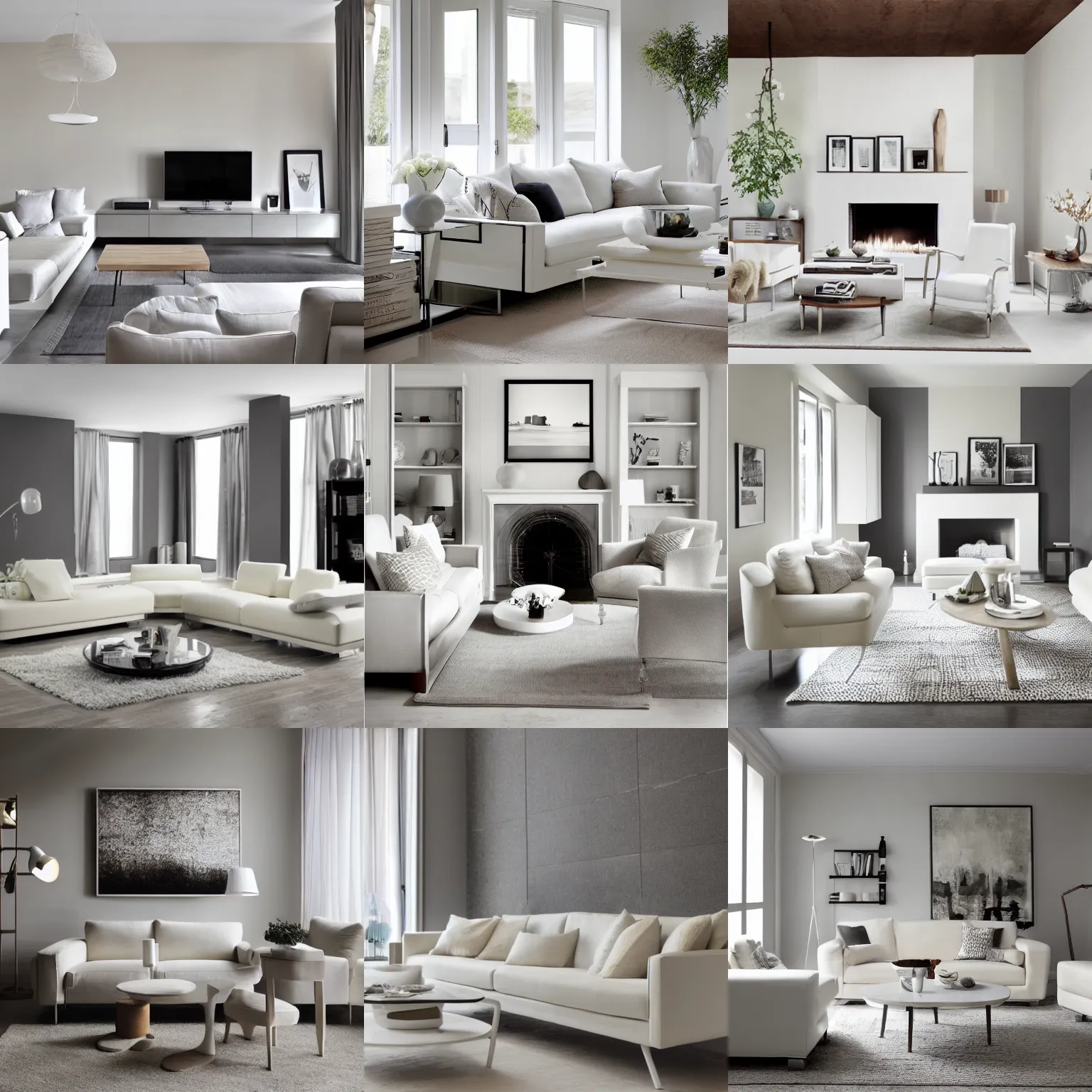 Prompt: modern living room, light colors, white, cream, very light gray, furniture magazine, promotional photography