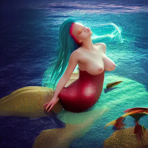 Image similar to mermaid dreaming masterpiece digital art, redshift render, hyperrealistic,