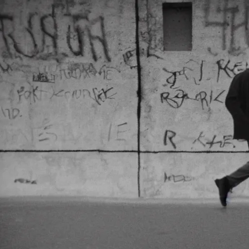 Image similar to storyboard frame of pov of a man walking on the berlin wall