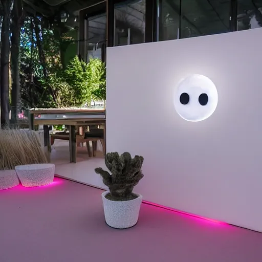 Image similar to An ultra high definition, professional photograph of an outdoor partial IKEA showroom inspired sculpture with a smiley face white dot matrix light sign located on a pastel pink beach ((with pastel pink, dimpled sand where every item is pastel pink. )) The sun can be seen rising through a window in the showroom. The showroom unit is outdoors and the floor is made of dimpled sand. The showroom unit takes up 20% of the frame. A square dot matrix sign displays an emoji somewhere in the scene. Morning time indirect lighting with on location production lighting on the showroom. In the style of wallpaper magazine, Wes Anderson.