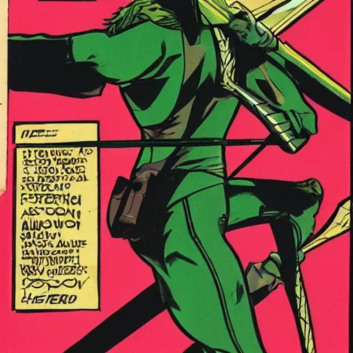 Image similar to The Green Arrow action pose, view from behind looking over shoulder, drawing an arrow from his quiver, comic book cover style