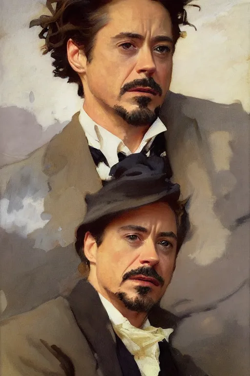 Prompt: elegant romantic portrait photo of robert downey jr by greg manchess, mucha, william adolphe bouguereau, john singer sargent, sorolla, winslow homer, dean cornwell, james gurney, kilin eng, ilya repin, alfred cheney johnston, robert mcginnis, iain mccaig, steve huston,