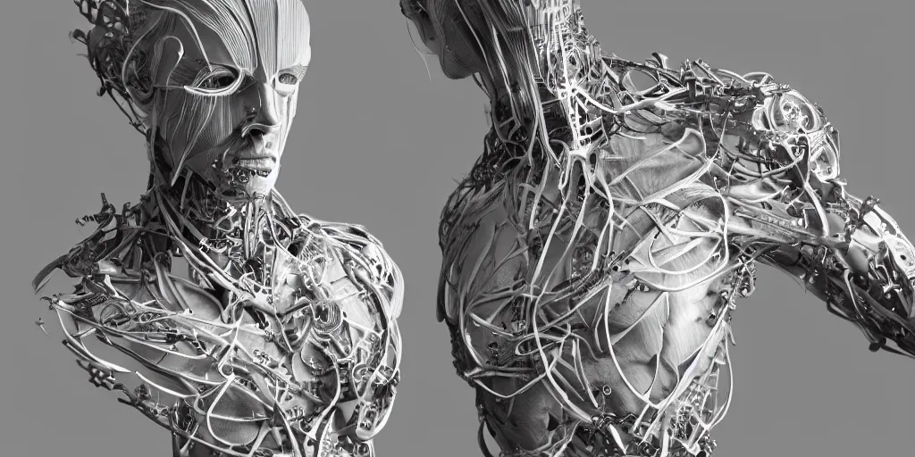 Prompt: hyper realistic photography of a stunningly beautiful cyborg male, chest,, intimate, self assembly, ribbons, in the style of beth cavener, jin kagetsu,, and wlop, highly detailed, intricate filigree, symmetry, masterpiece, award winning, sharp focus, concept art, highkey lighting, ambient lighting, octane render, 8 k, artstation