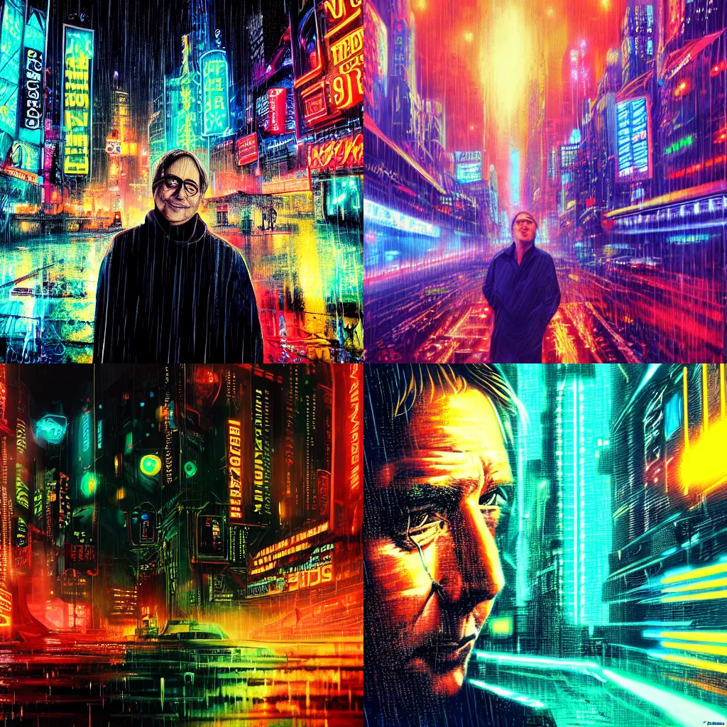 Prompt: Portrait of Linus Torvalds, Bladerunner, tears in the rain, hyper-detailed, cyberpunk, dystopian city skyline at night, colorful neon signs, 4k ultra hd, trending on artstation, fantasy dark art