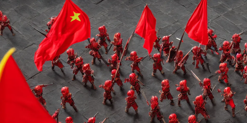 Prompt: overhead mid shot cinematic artwork of a small group of rag tag warriors surrounded by a vast ancient Chinese army wearing red armor and holding red flags on the battlefield by greg rutowski, masterpiece, 4k