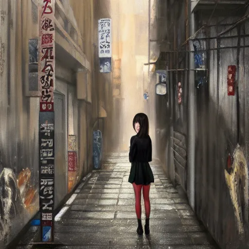 Prompt: a perfect, realistic professional oil painting of a Japanese schoolgirl posing in a dystopian alleyway, style of Marvel, full length, fine details, by a professional American senior artist on ArtStation, a high-quality hollywood-style concept