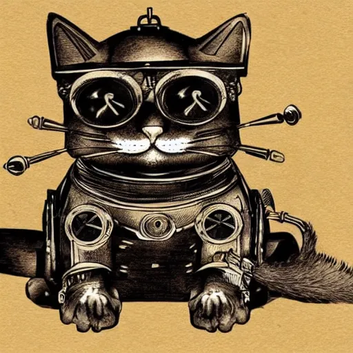 Prompt: a steampunk robotic cat, dark background, super - detailed,