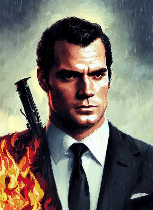 Image similar to portrait of henry cavill as james bond, casino, rain, fire, highly detailed, digital painting, artstation, concept art, cinematic lighting, sharp focus, illustration, art by artgerm and greg rutkowski and alphonse mucha