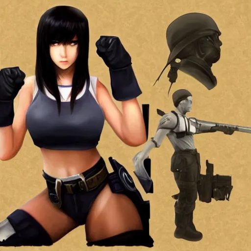 Image similar to high quality art of tifa lockhart wearing a soldier uniform, trending on artstation