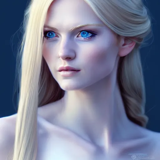 Prompt: portrait of a woman with long blonde hair, blue eyes, white dress, elegant, beautiful, highly detailed, perfect face, stanley artgem lau, artstation, concept art, 8k