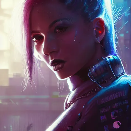 Image similar to molly millions, closeup portrait of a young beautiful female cyberpunk mercenary, mirror eye implants, black hair in a rough shag, sunset, neuromancer, street samurai, cyberpunk city background, megacity, gorgeous view, depth, painted by seb mckinnon, high detail, digital art, painted by greg rutkowski, trending on artstation