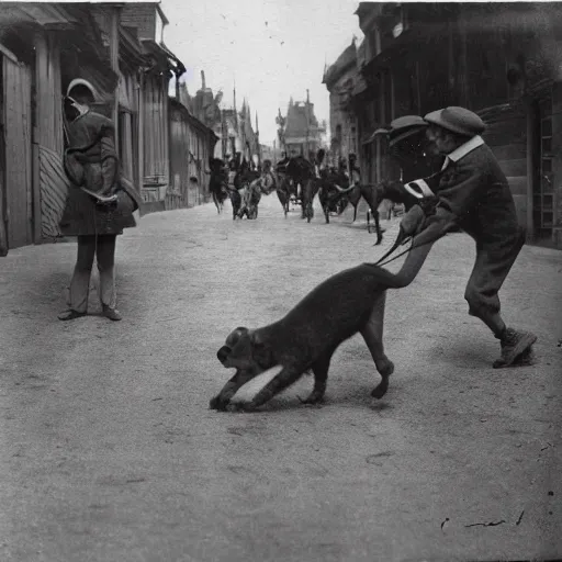 Image similar to anthro animals playing in the street, 1900s photograph