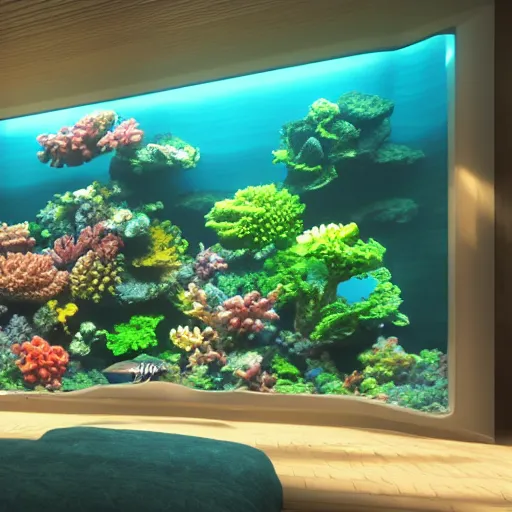 Prompt: photo of the big modern room as aquarium with a beautiful fishes and corals, realistic colors, realistic shadows, daylight made in blender, 3 d