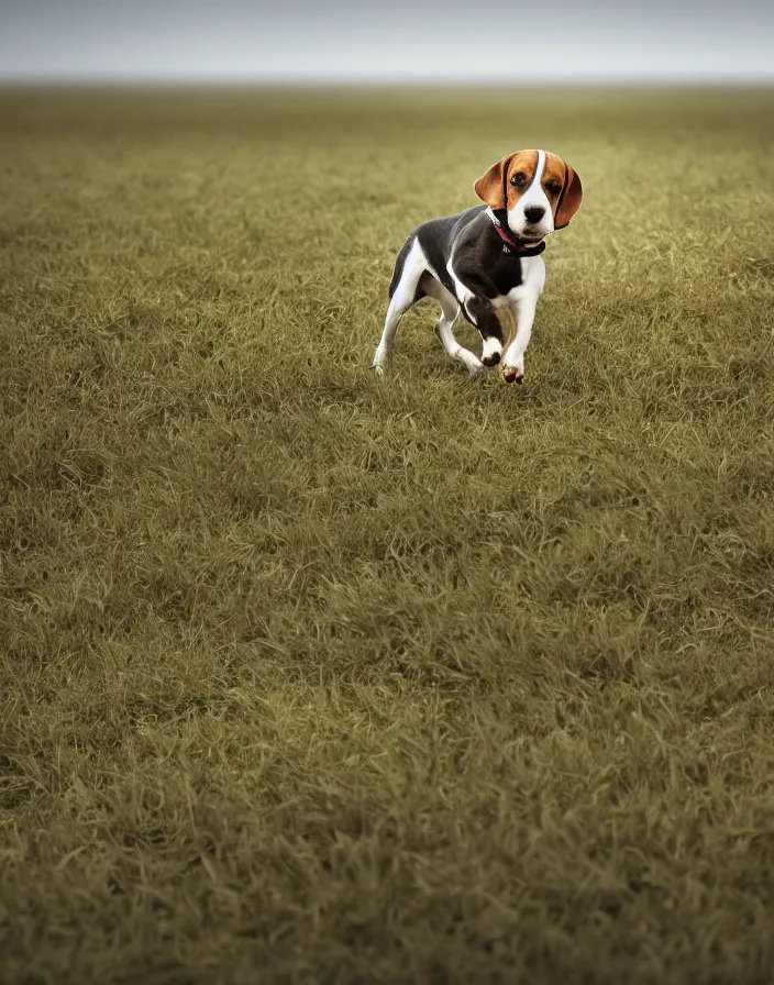 Image similar to a beagle running in a field . intricate artwork by art-station. octane render, cinematic, hyper realism, 8k, depth of field.