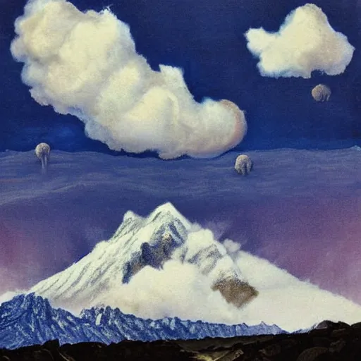 Prompt: mountain ranges landscape, with very big cumulonimbus in the sky and a shooting star