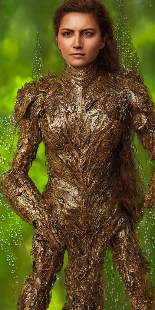 Image similar to full shot of a regal brown woman wearing an intricate and detailed armor made of dew drops. woman is standing in a lush green forest. multiple layers. reflections. morning dew. textures. delicate. translucent. extremely coherent. studio portrait. photorealistic. octane render