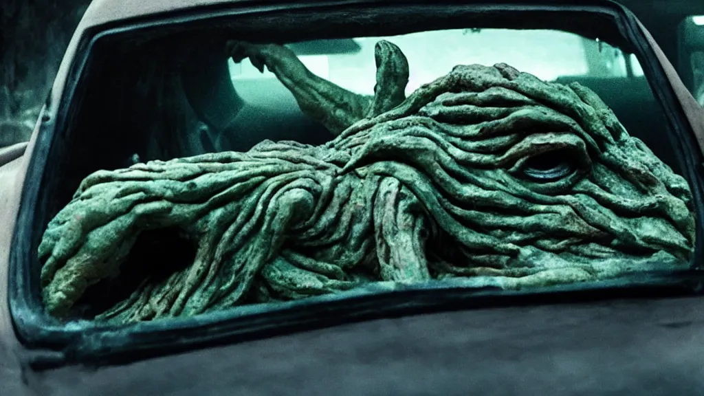 Image similar to the creature sits in a car, made of clay and oil, film still from the movie directed by Denis Villeneuve with art direction by David Cronenberg, wide lens