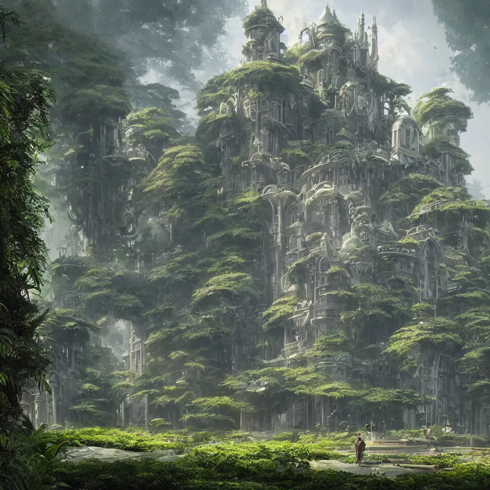 Image similar to A Luxury Monumental Futuristic Castle in Art Nouveau Architecture, movie concept art, Breath of the wilde, studio ghibli style, Lush vegetation with ferns, miyazaki, Craig Mullins dappled lighting, octane render, cinematic, photographic, realistic, highly detailed