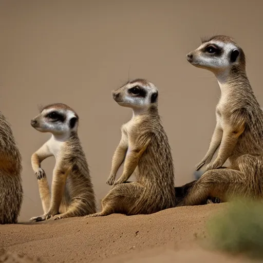 Prompt: Photo of a group of human meerkats